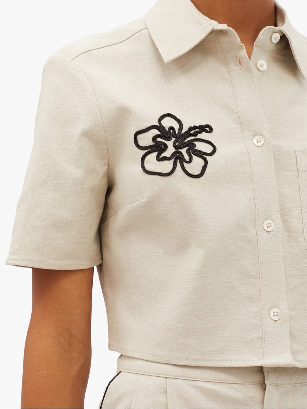 Staud Linen Button-Up Shirt with Embroidered Floral Stitching